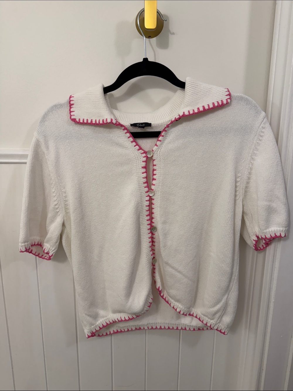 Rails White Short-Sleeve Cardigan with Pink Trim